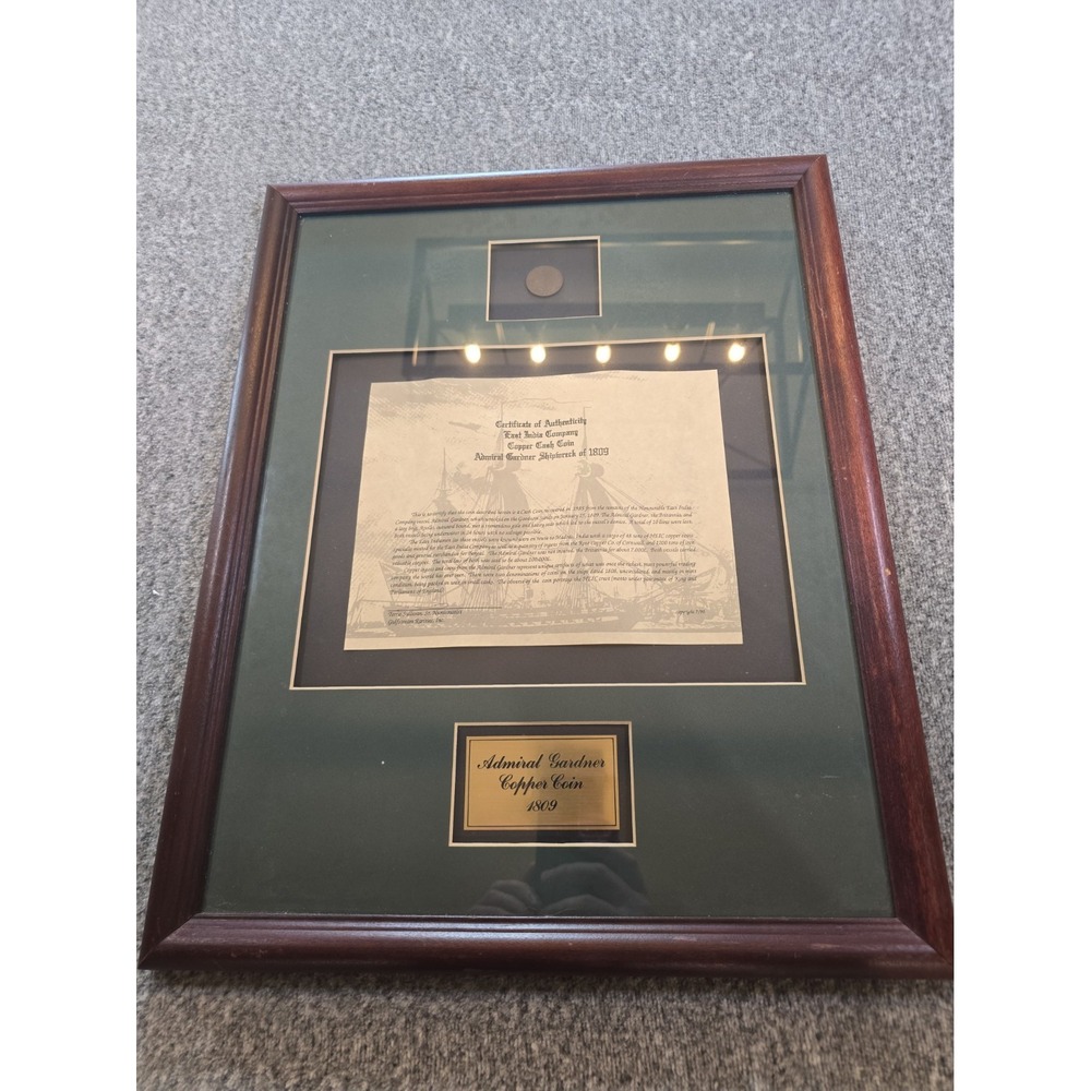 1808 East India Co Admiral Gardner Shipwreck Copper Cash Coin Framed COA...